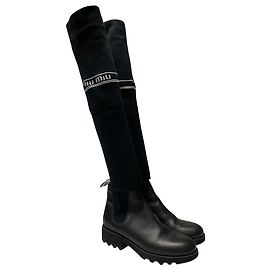 Miu Miu Over the Knee Logo Sock Boots in Black Leather Black