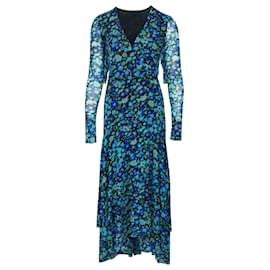 Ganni-Ganni Floral Print Mesh Wrap Dress in Blue Polyamide-Blue
