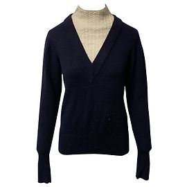 Sandro Jacques Mock Neck Pullover in Navy Blue Wool Blue Navy blue