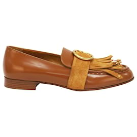 Chloé-Chloé Olly Fringed Loafer in Brown Leather-Brown,Beige