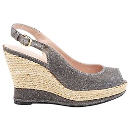 Stuart Weitzman Jean Peeptoe Cork Wedge in Silver Glitter Leather Silvery Metallic