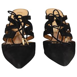 Aquazzura-Aquazzura Belgravia 85 Lace-up Mules in Black Suede-Black