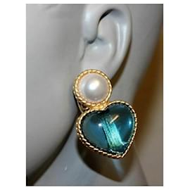 Autre Marque-cabochon faux white pearl heart gold clip earrings-Golden,Turquoise