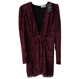 VESTIDO DE BORGONHA YVES SAINT LAURENT MINI SEDA E VELUDO COM IMPRESSÃO DE LEOPARDO Vermelho
