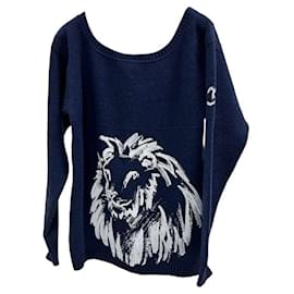 Chanel-CHANEL blauer Kaschmirpullover mit Löwen-Print-Blau