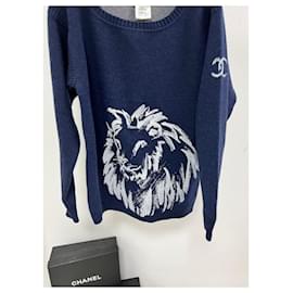 Chanel-CHANEL blue cashmere Lion Print Sweater-Blue