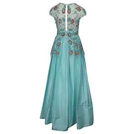 Autre Marque-Naeem Khan Lace Top Beaded Ball Gown in Teal Silk-Other,Green