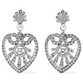 Oscar de la Renta-Oscar De La Renta signed ornate silver faux white pearls heart earrings-Silvery