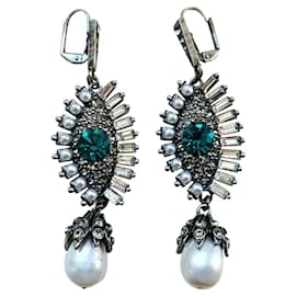 Alexander Mcqueen-Alexander McQueen signed eye rhinestones faux pearls earrings-Silver hardware