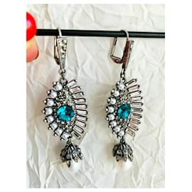 Alexander Mcqueen-Alexander McQueen signed eye rhinestones faux pearls earrings-Silver hardware