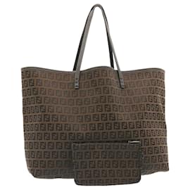 Fendi-FENDI ZucchinoCanvas Tote Bag Dark Brown Auth gt1570-Dark brown
