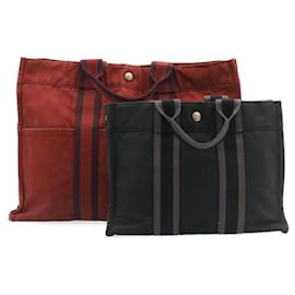 Hermès-HERMES cabas PM MM Sac à main Toile 2Définir Authentification Noir Rouge 26363-Noir,Rouge