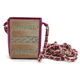 Chanel-Chanel minuscule collier pochette CC Logo chaîne sangle rose beige poney cheveux et cuir-Rose