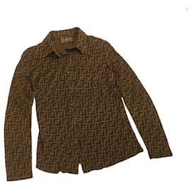 Fendi-FENDI Zucca Shirt Polyester Rayon Brown Black Auth br361-Brown,Black
