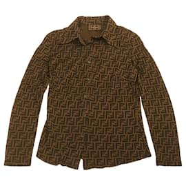 Fendi-FENDI Zucca Shirt Polyester Rayon Brown Black Auth br361-Brown,Black
