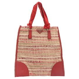Prada-PRADA Hand Bag Canvas Leather Red Beige Auth ar4997-Red,Beige