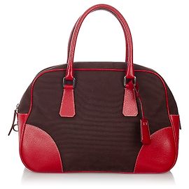 Prada Brown Canapa Bauletto Canvas Handbag Brown Red