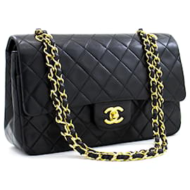 Chanel-Chanel 2.55 Bolso de hombro mediano con cadena y solapa forrada Piel de cordero negra-Negro