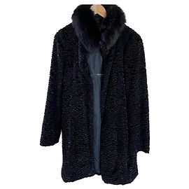 Max Mara Black Astrakhan Style Coat with Fox Collar Black