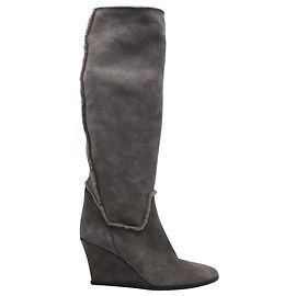 Lanvin Knee High Wedge Boots with Shearling Lining in Grey Suede Grey