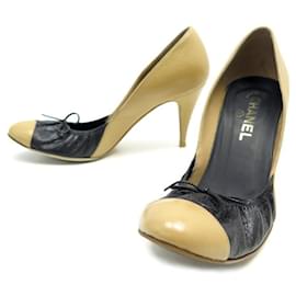 Chanel-CHANEL PUMPS G SHOES25672 CC logo 38 BEIGE TWO-TONE LEATHER + BOX-Other