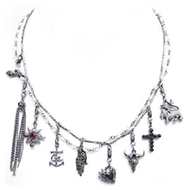 Christian Lacroix-VINTAGE CHRISTIAN LACROIX CHARMS NECKLACE IN SILVER METAL CROSS HEART NECKLACE-Silvery