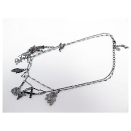 Christian Lacroix-VINTAGE CHRISTIAN LACROIX CHARMS NECKLACE IN SILVER METAL CROSS HEART NECKLACE-Silvery