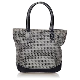 Fendi-Fendi Gray Zucchino Canvas Tote Bag-Blue,Grey,Navy blue