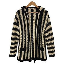 SAINT LAURENT Strickjacke (dick) / XS / Wolle / WHT / Streifen / Lange Strickjacke mit Kapuze Weiß