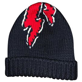 Prada Men's Black Lightning Bolt Wool Beanie Black