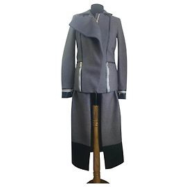 Aigner Grey Wool Coat with Black Leather Details Grey