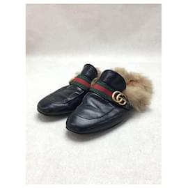 Gucci-GUCCI Prince Town / GG Marmont / Sherry Line / Sandals / Black / Leather / Wrinkled-Black