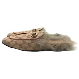 Gucci-GUCCI Princetown / fur sandals / BRW / canvas-Brown