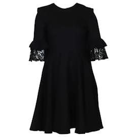 Alexander Mcqueen-Alexander McQueen Lace-trimmed Ruffled Mini Dress In Black Wool-Black
