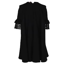 Alexander Mcqueen-Alexander McQueen Lace-trimmed Ruffled Mini Dress In Black Wool-Black