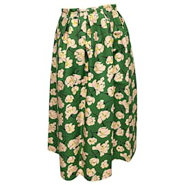 Rochas-Rochas Floral Print Pleated Maxi Skirt in Green Cotton-Green