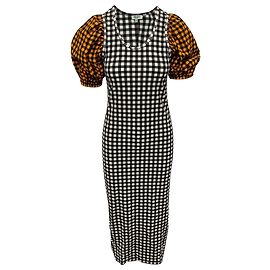 Kenzo Vestido Gingham Check Seersucker Midi com Mangas Puff em Poliamida Multicolor Multicor