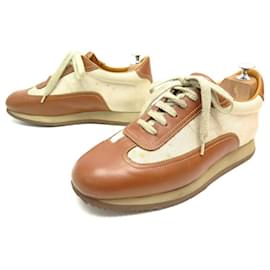 Hermès-HERMES QUICK H SHOES 41.5 BROWN LEATHER AND CANVAS SNEAKERS SNEAKERS SHOES-Other