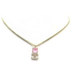 Chanel-NEW CHANEL NECKLACE 42 IN GOLD METAL SQUARE PINK & LOGO CC GOLDEN NECKLACE-Golden