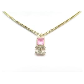 Chanel-NEW CHANEL NECKLACE 42 IN GOLD METAL SQUARE PINK & LOGO CC GOLDEN NECKLACE-Golden