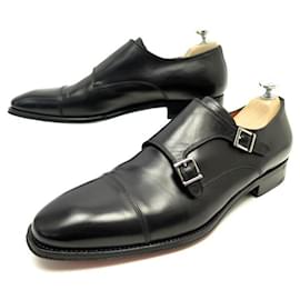 Santoni-SANTONI BI BUCKLE MOCCASIN SHOES 9 IT 44 EN BLACK LEATHER + SHOES-Black