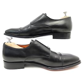 Santoni-SANTONI BI BUCKLE MOCCASIN SHOES 9 IT 44 EN BLACK LEATHER + SHOES-Black