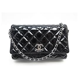 Chanel-CHANEL MINI CLASSIC FLAP HANDBAG PATENT LEATHER QUILTED CROSSBODY-Black