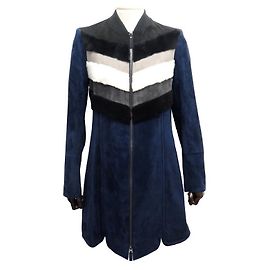 LONGCHAMP LONG COAT M 38 LAMB LEATHER SUEDE NAVY BLUE LEATHER COAT Navy blue