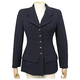 Chanel-CHANEL FITTED JACKET LOGO CC 36 S IN BLUE SILK & WOOL CREPE JACKET-Navy blue