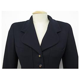 Chanel-CHANEL FITTED JACKET LOGO CC 36 S IN BLUE SILK & WOOL CREPE JACKET-Navy blue