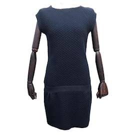 Chanel-NEW CHANEL P DRESS44557 S 36 IN NAVY BLUE WOOL QUILTED NAVY DRESS-Navy blue