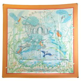 Hermès-NEW HERMES SCARF AT THE WATER'S EDGE BY LAURENCE TOUTSY SILK ORANGE SCARF-Orange