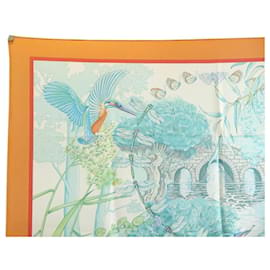 Hermès-NEW HERMES SCARF AT THE WATER'S EDGE BY LAURENCE TOUTSY SILK ORANGE SCARF-Orange