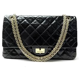 Chanel-CHANEL LARGE HANDBAG 2.55 JUMBO IN BLACK QUILTED PATENT LEATHER HAND BAG-Black